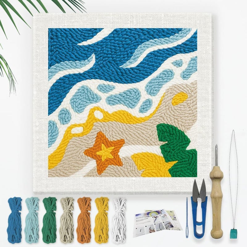 DOODLREAM Beach DIY Punch Needle Embroidery Kit for Adult Beginner, 9.4" Summer Sea Wave Punch Stitching Craft Set for Starter with Frame, Fabric Pattern, Threader, Yarn, Pinch Needle - Image 1